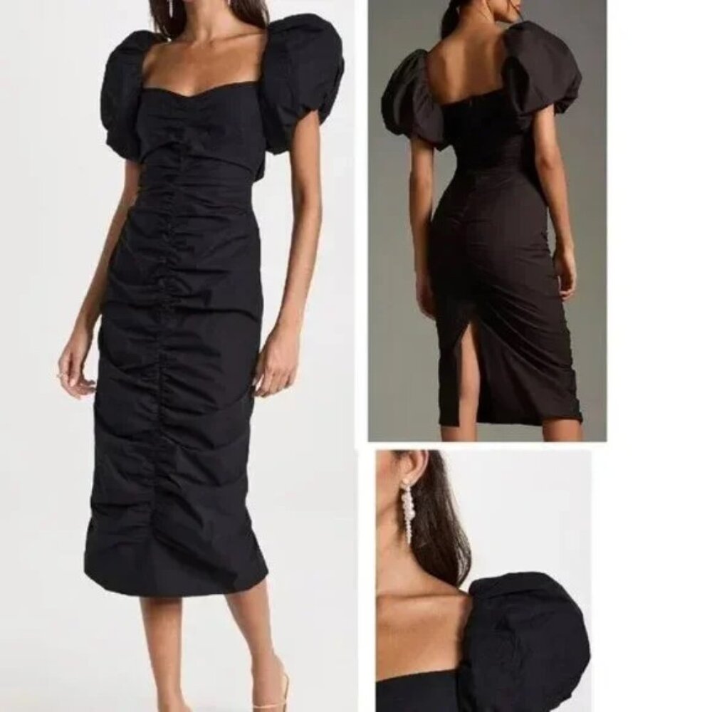 NEW RHODE TESSA RUCHED BLACK POPLIN MIDI DRESS SIZE 4 - Picture 2 of 12
